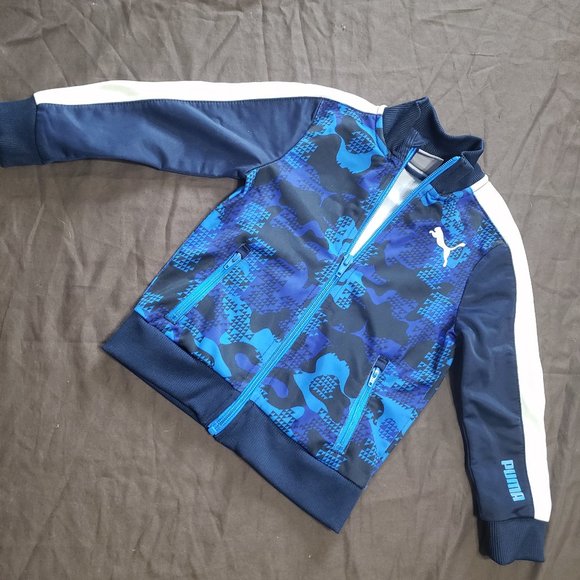 Puma Sweater Camouflage Zip Up Stripe On Sleeves Front Pocket White Blue 2T - Picture 1 of 5